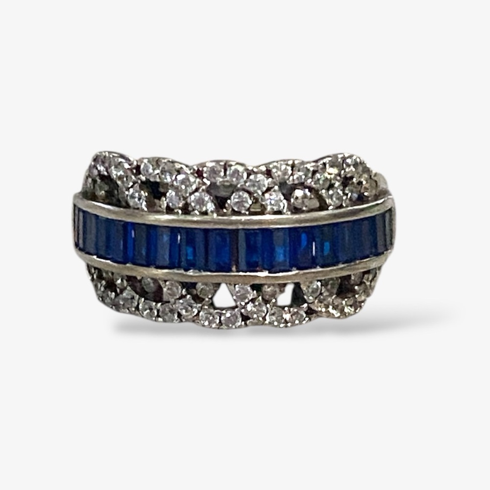 18K White Gold Plated Lab Blue Sapphire & 1/4 TCW Diamond Filigree Ring Sz 7